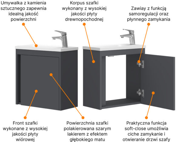 Szafka łazienkowa wisząca z umywalką 50 cm antracyt - obrazek 6