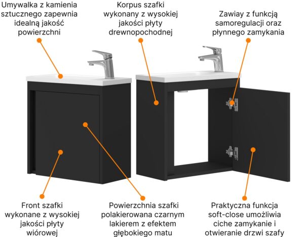 Szafka łazienkowa wisząca z umywalką 50 cm czarny mat - obrazek 10