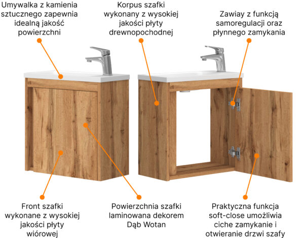 Szafka łazienkowa wisząca z umywalką 50 cm dąb wotan - obrazek 6