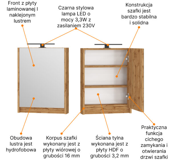 Szafka podwieszane 50 Dąb Wotan z lustrem i lampą LED - obrazek 5
