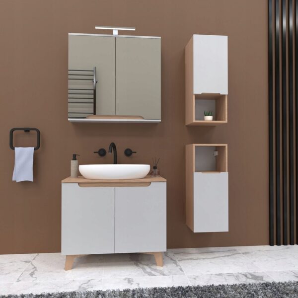 Szafka z lustrem dwudrzwiowa podwieszane biała/dąb 80x16x75 z lampą LED chrom - obrazek 4