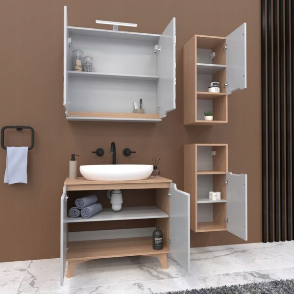Szafka z lustrem dwudrzwiowa podwieszane biała/dąb 80x16x75 z lampą LED chrom - obrazek 5