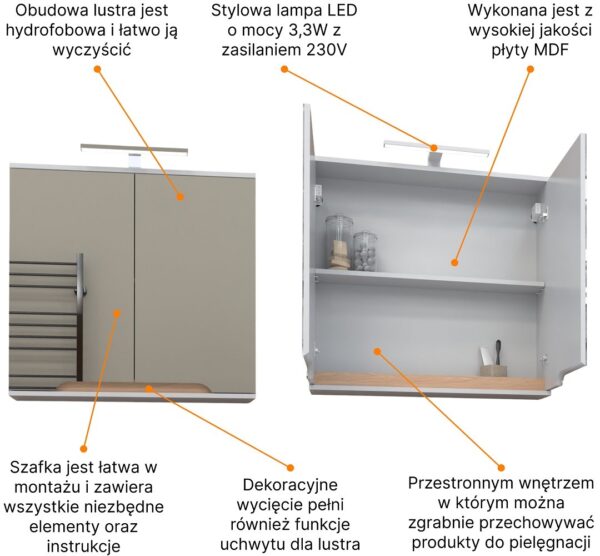 Szafka z lustrem dwudrzwiowa podwieszane biała/dąb 80x16x75 z lampą LED chrom - obrazek 3