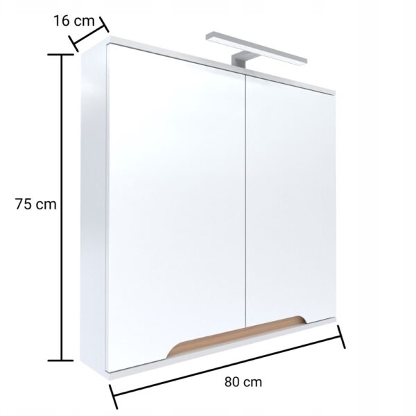 Szafka z lustrem dwudrzwiowa podwieszane biała/dąb 80x16x75 z lampą LED chrom - obrazek 2