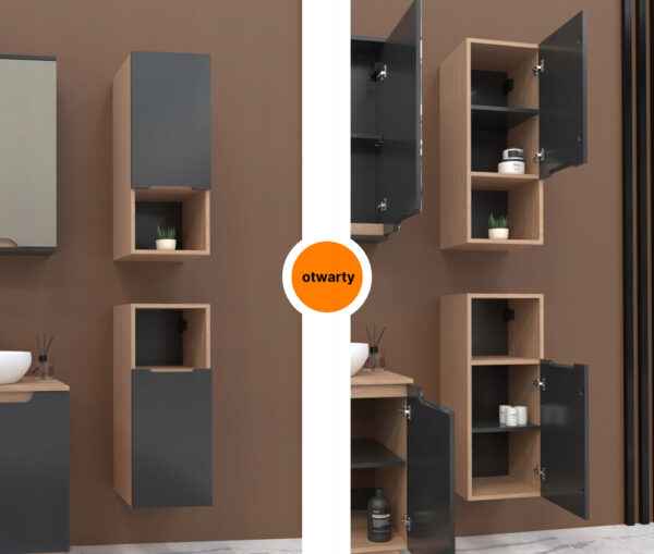 Szafka boczna łazienkowa wisząca szary mat/dąb 75x30x30 - obrazek 6