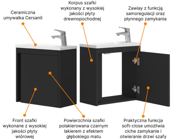 Zestaw szafka z lustrem i LED oraz szafka 40 z umywalką czarny - obrazek 10