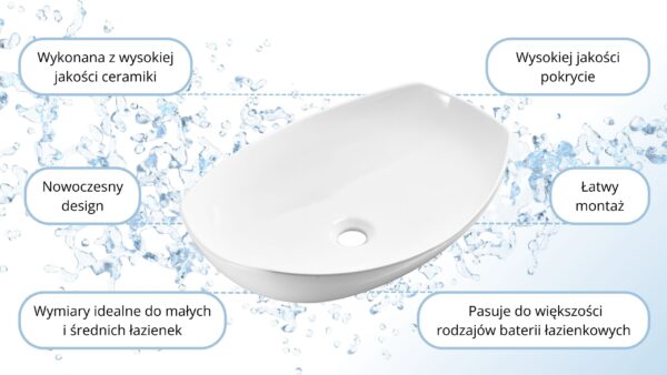 Umywalka nablatowa 55x40x15 biała owalna/MUSZLA ceramiczna Omeble - obrazek 6