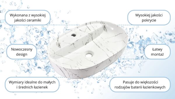 Umywalka nablatowa 60x40x13 MARMUR owalna zaokrąglona ceramiczna Omeble - obrazek 8