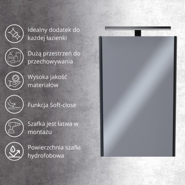 Szafka łazienkowa z lustrem i LED 50 czarna malowana wysoki połysk OMEBLE - obrazek 9