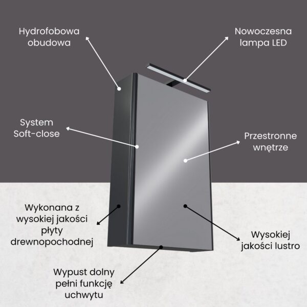 Szafka łazienkowa z lustrem i LED 50 czarna malowana wysoki połysk OMEBLE - obrazek 10
