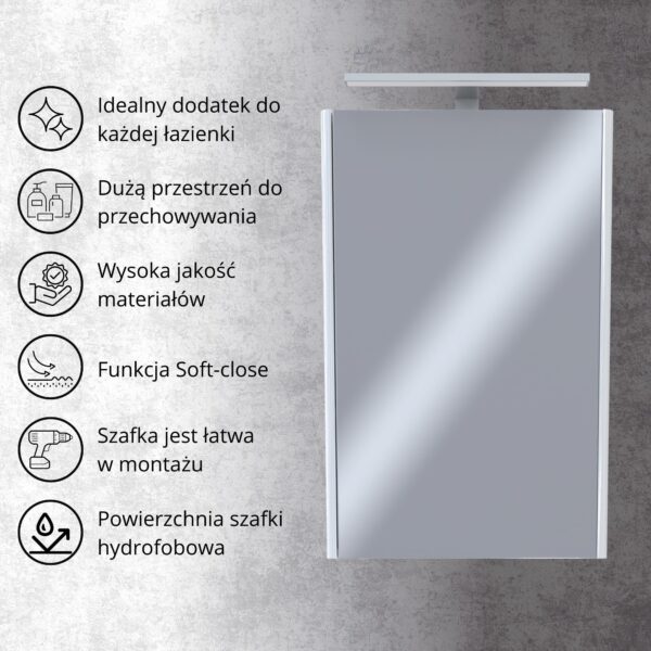 Szafka łazienkowa z lustrem i LED 50 biała malowana wysoki połysk OMEBLE - obrazek 10